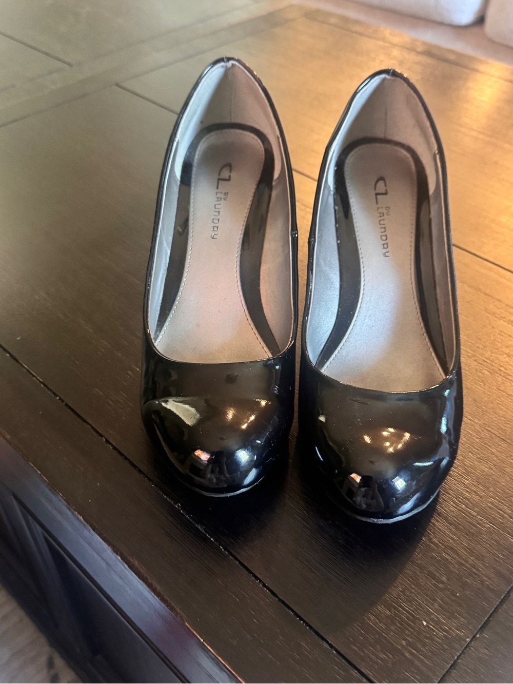 CL by Laundry Black Patent Round-Toe Heels